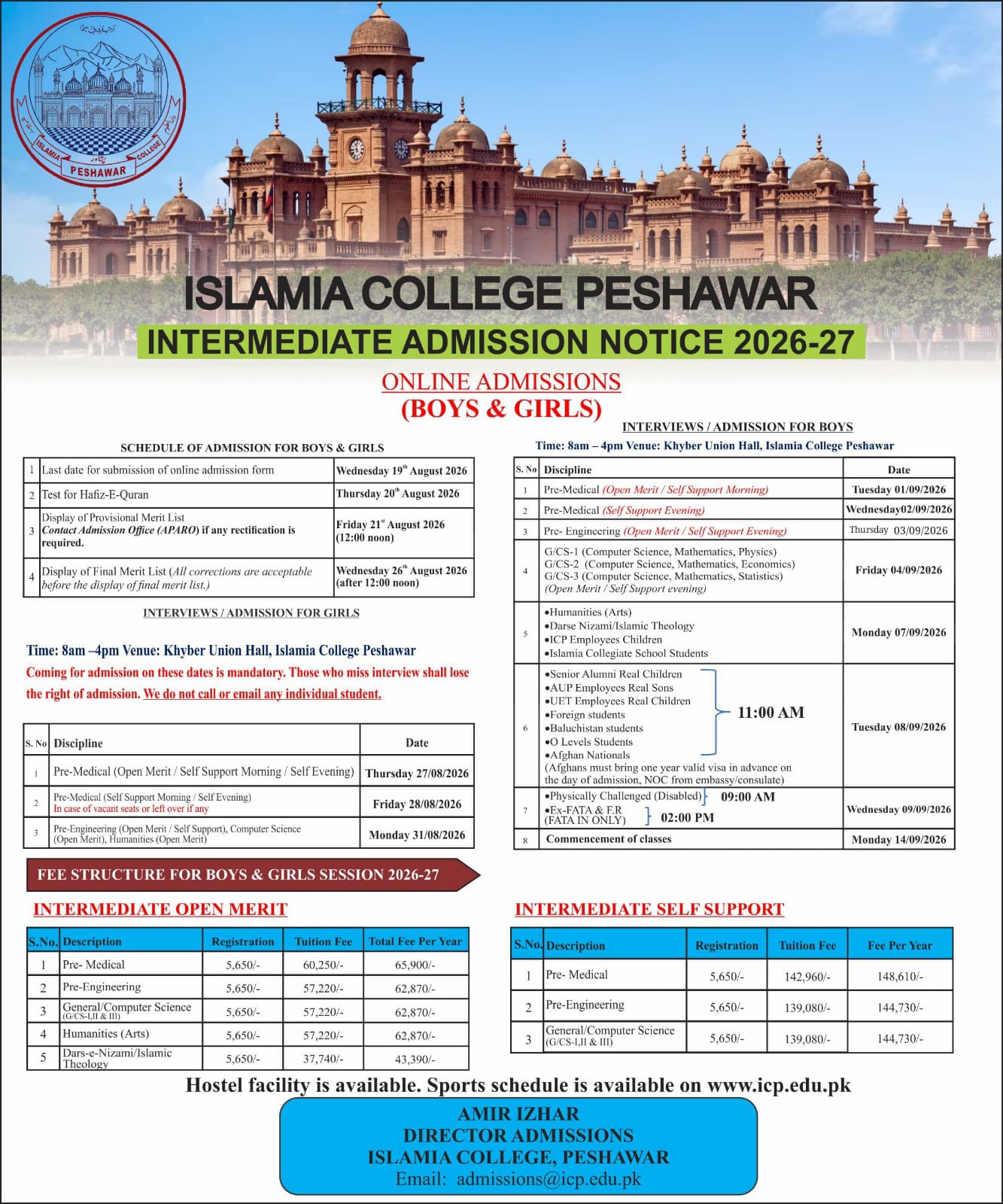 Islamia College Peshawar Intermediate Admission Notice 2026-27