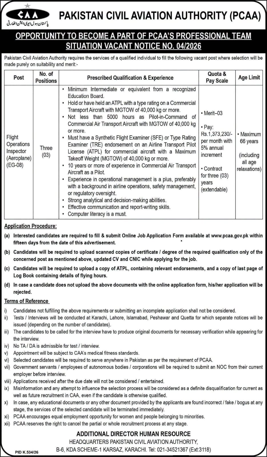 Pakistan Civil Aviation Authority PCAA Jobs 2026