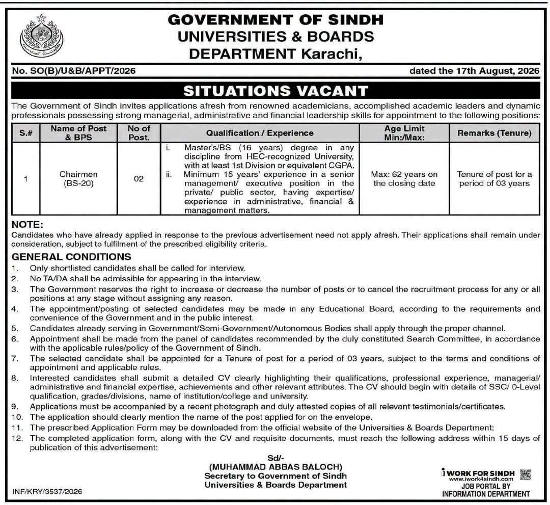 Government of Sindh Universities & Boards Department Karachi Jobs 2026