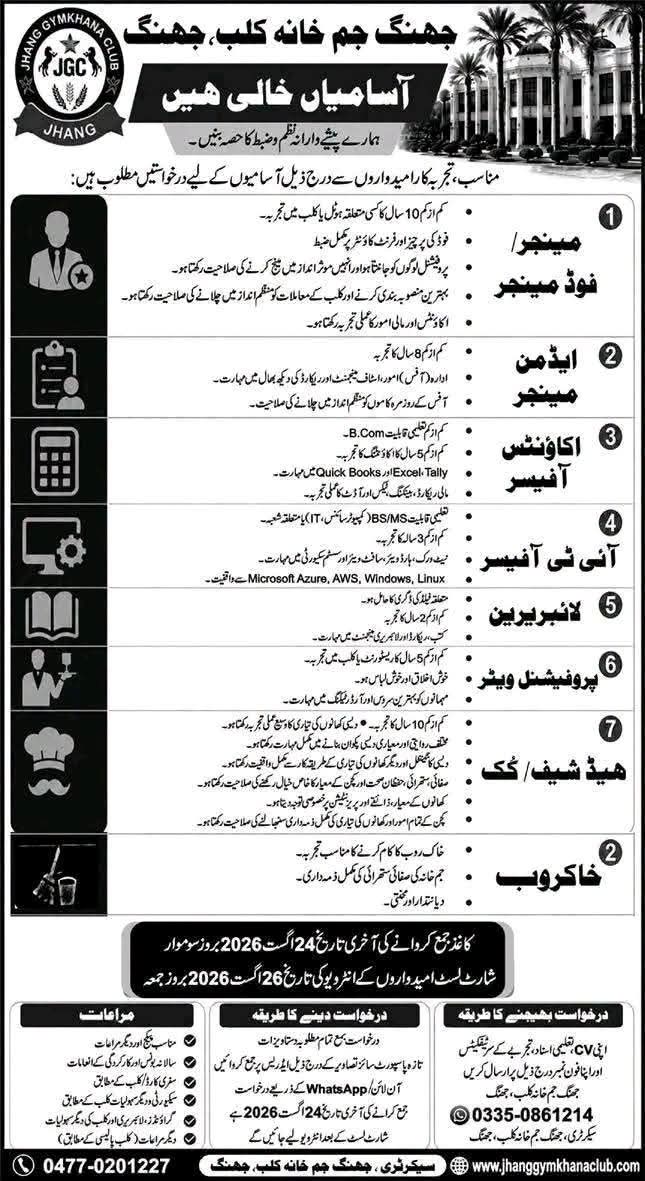 Jhang Gymkhana Club Jhang Jobs 2026