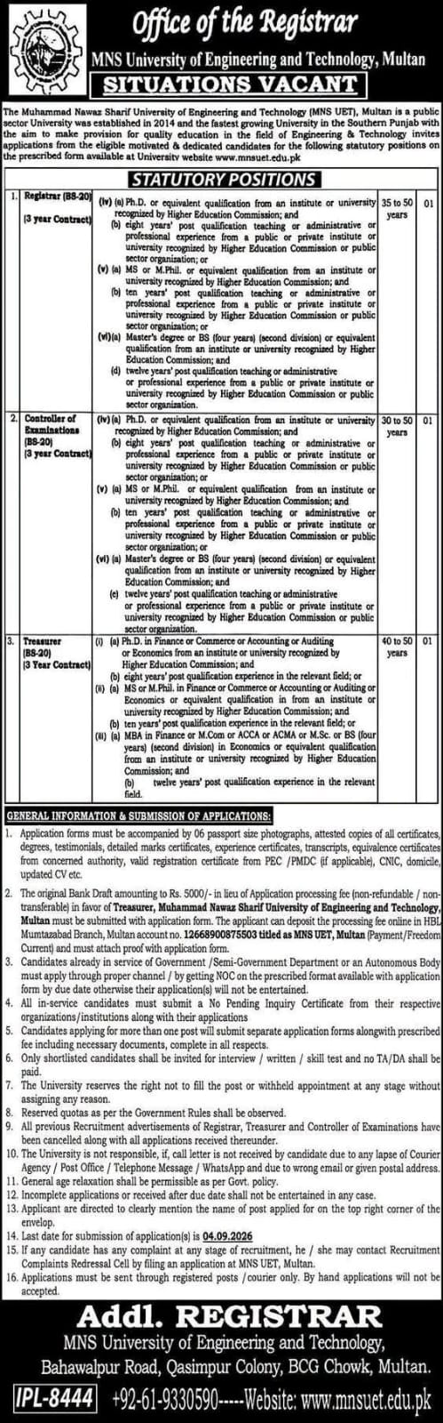MNS University of Engineering and Technology Multan Jobs 2026