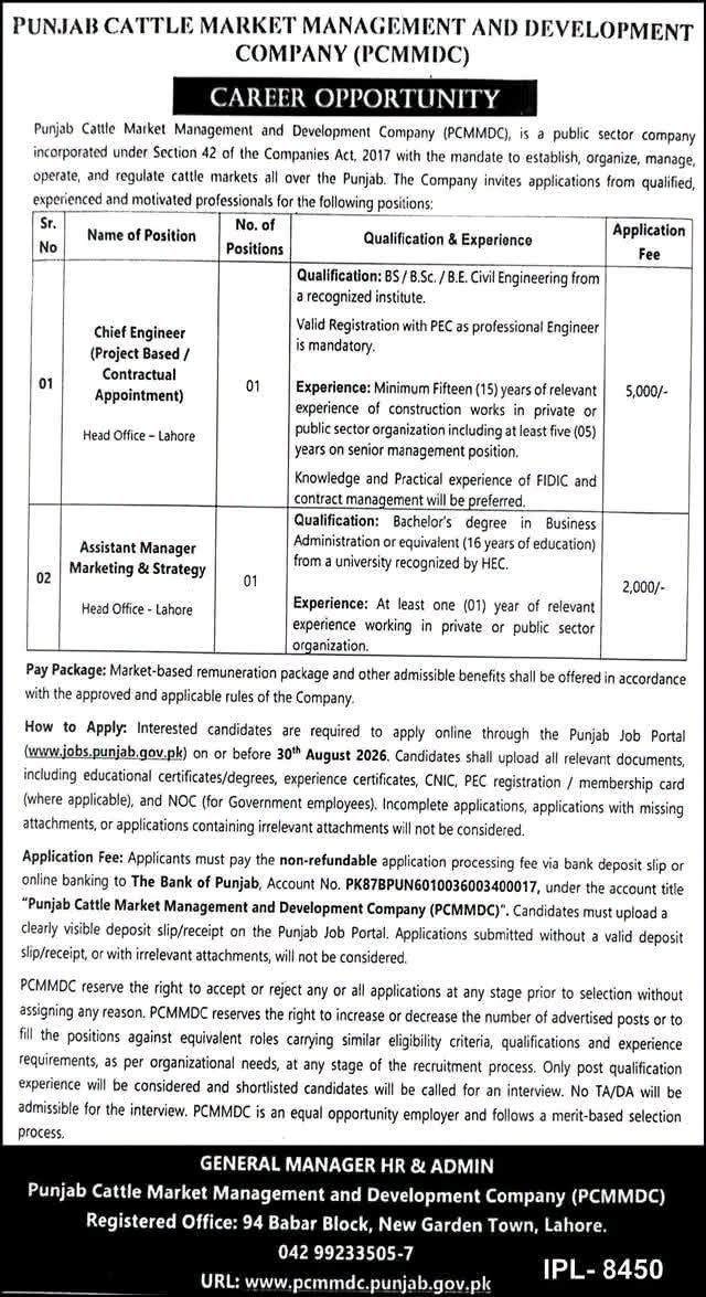 Punjab Cattle Market Management and Development Company (PCMMDC) Jobs 2026