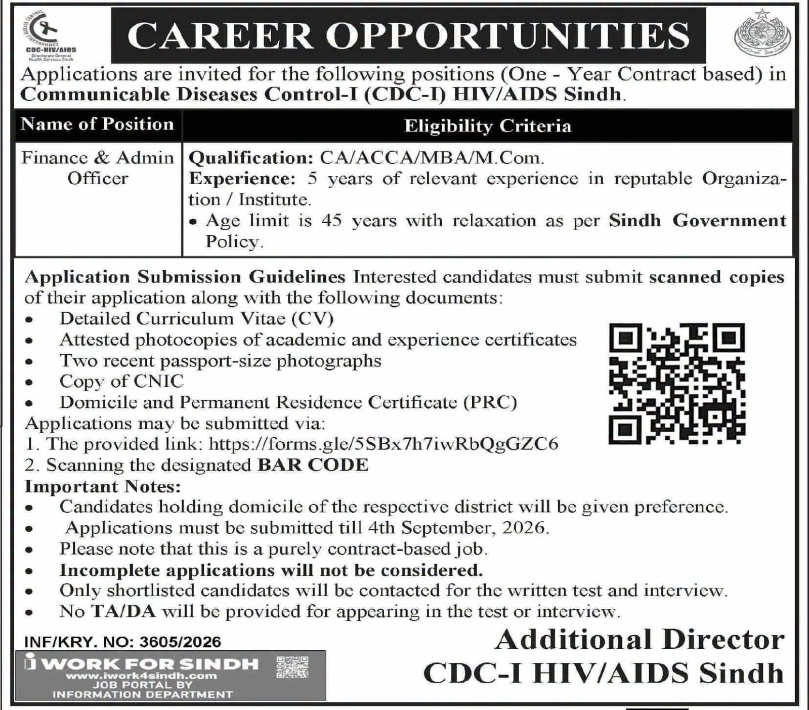 CDC-I HIV/AIDS Sindh Finance & Admin Officer Jobs 2026