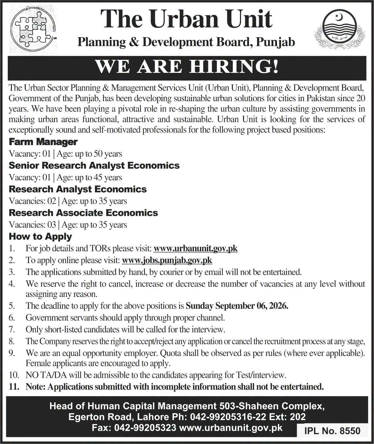 The Urban Unit Planning & Development Board Punjab Jobs 2026
