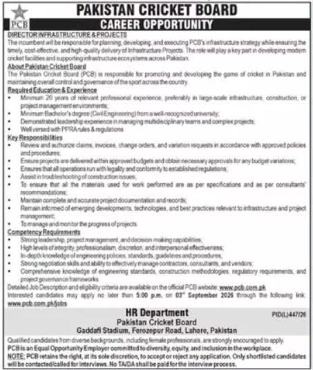 Pakistan Cricket Board Director Infrastructure & Projects Jobs 2026