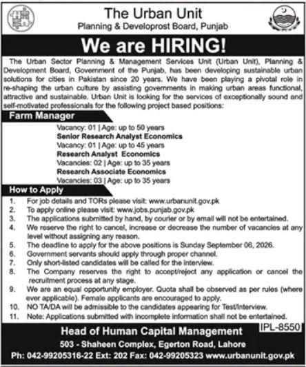 The Urban Unit Planning & Development Board Punjab Jobs 2026