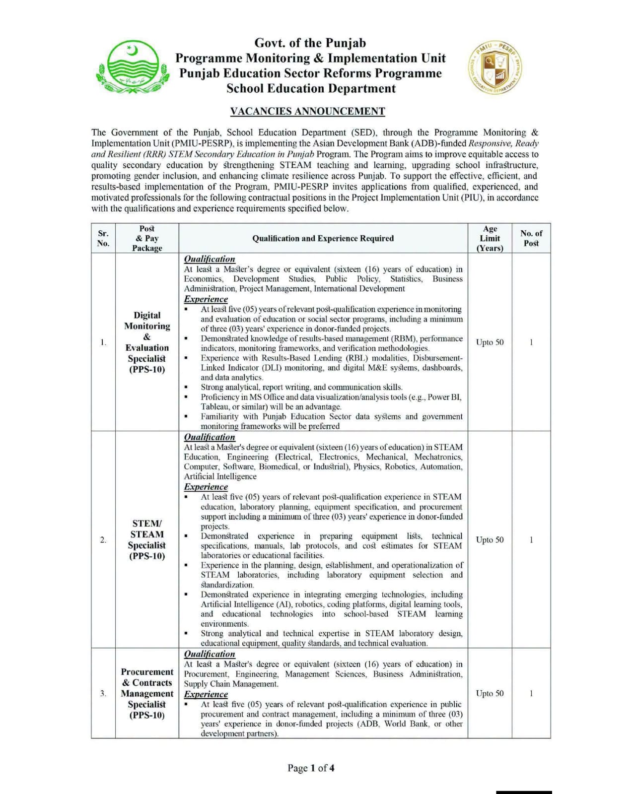 PMIU-PESRP Punjab Education Sector Reforms Programme Jobs 2026