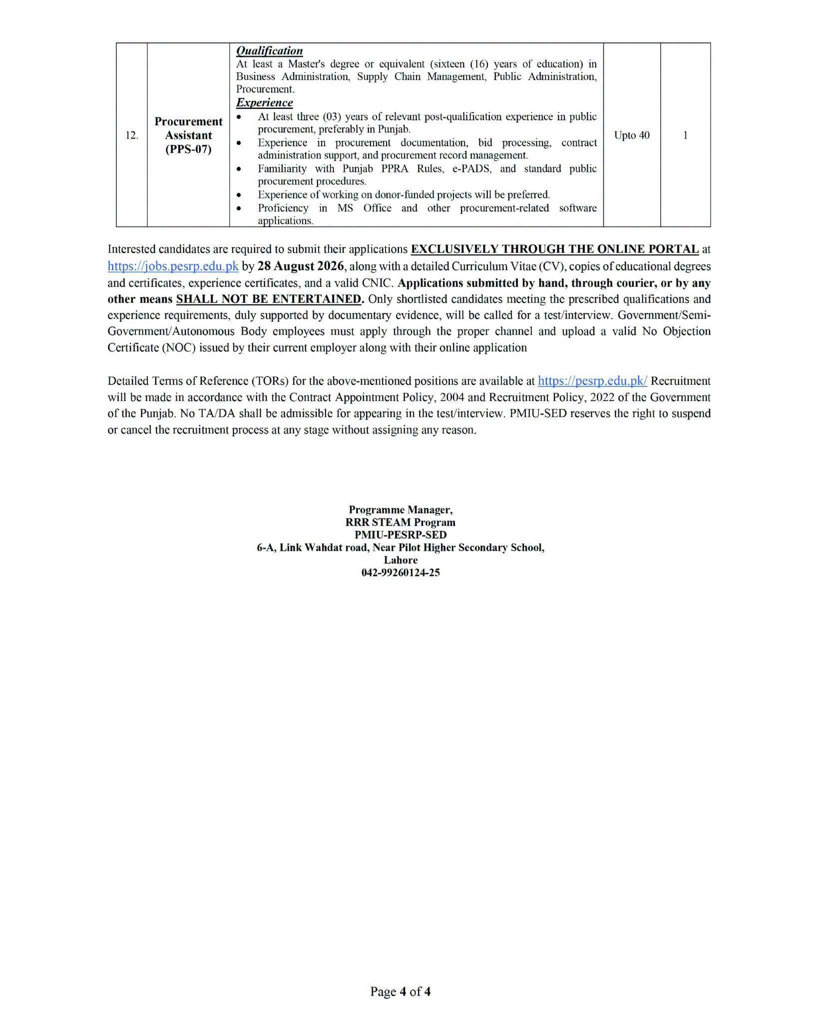 PMIU-PESRP Punjab Education Sector Reforms Programme Jobs 2026