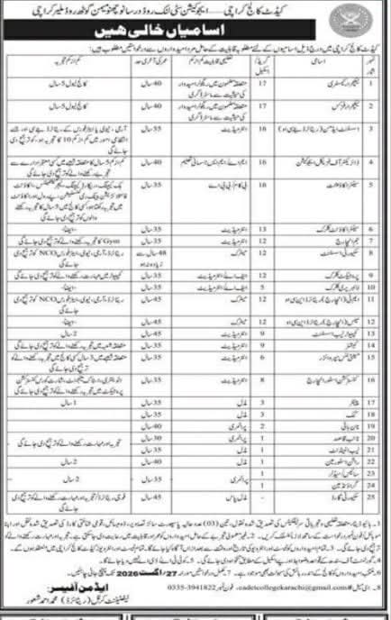 Cadet College Karachi Jobs 2026
