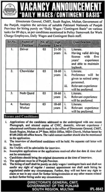 Directorate General CMIT South Region Multan Jobs 2026