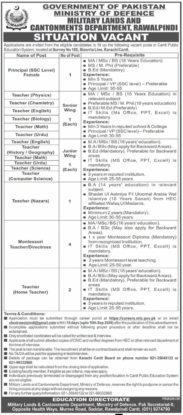 Military Lands and Cantonments Department Rawalpindi Jobs 2026