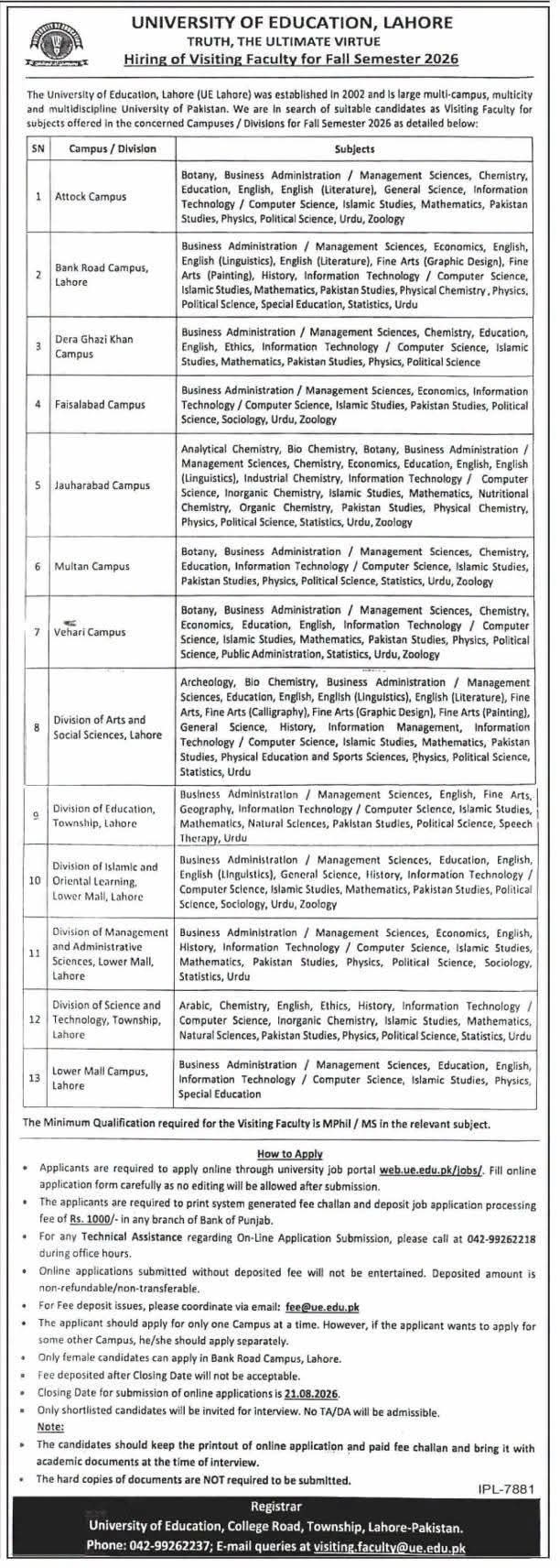 University of Education Lahore Visiting Faculty Jobs