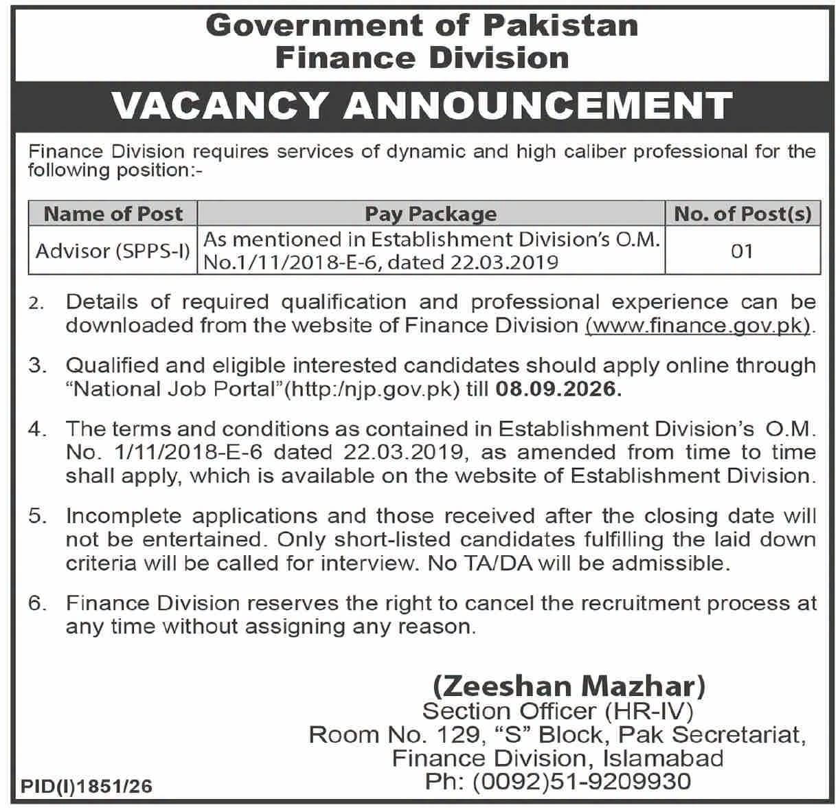 Finance Division Government of Pakistan Advisor Jobs 2026