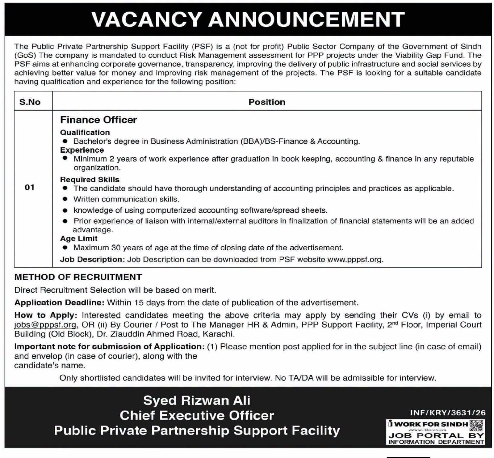 Public Private Partnership Support Facility Finance Officer Jobs 2026