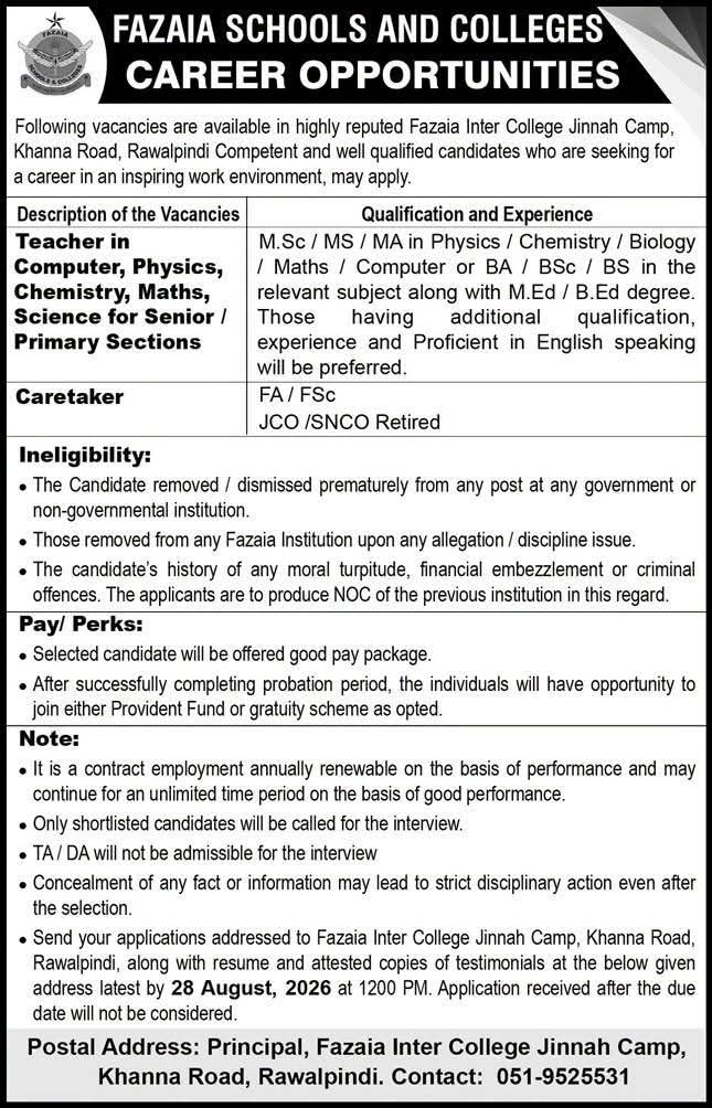 Fazaia Schools and Colleges Rawalpindi Career Opportunities 2026