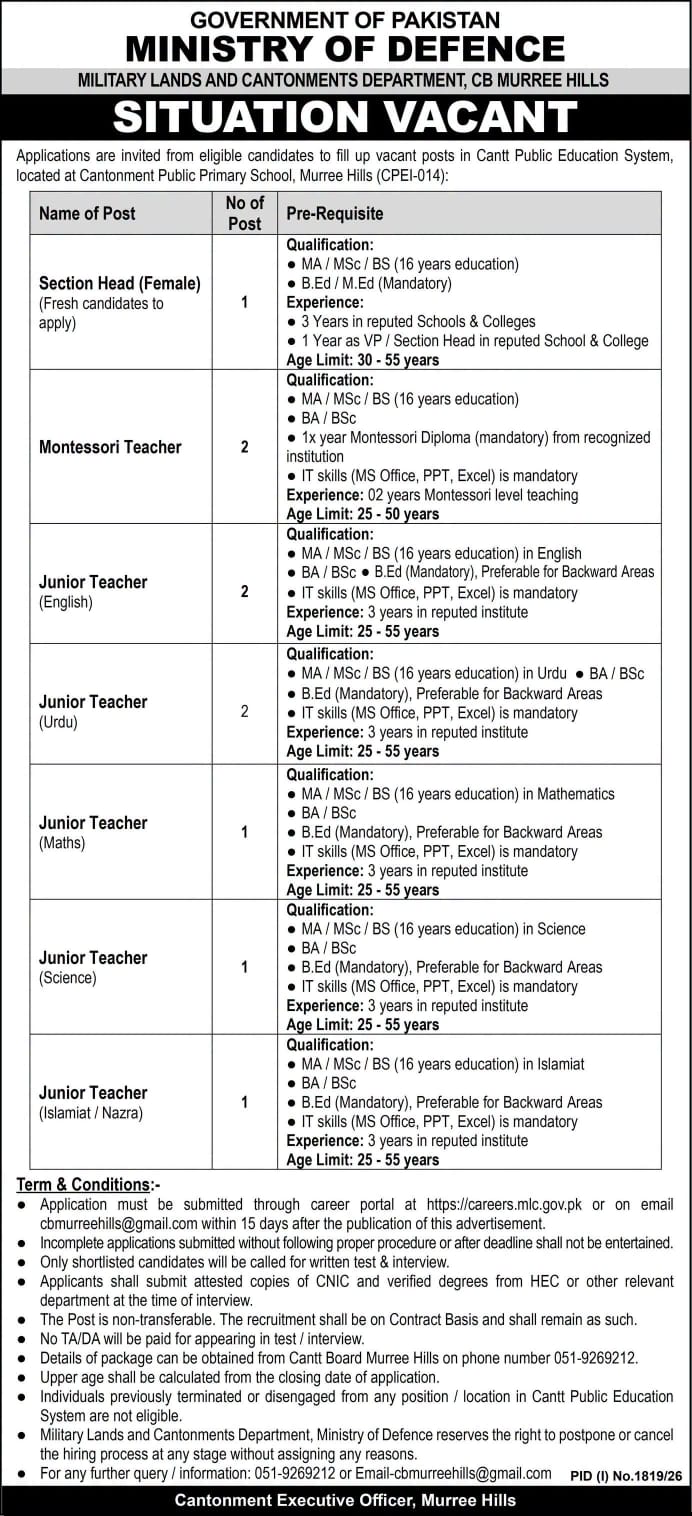 Ministry of Defence Military Lands and Cantonments Department Murree Hills Jobs 2026