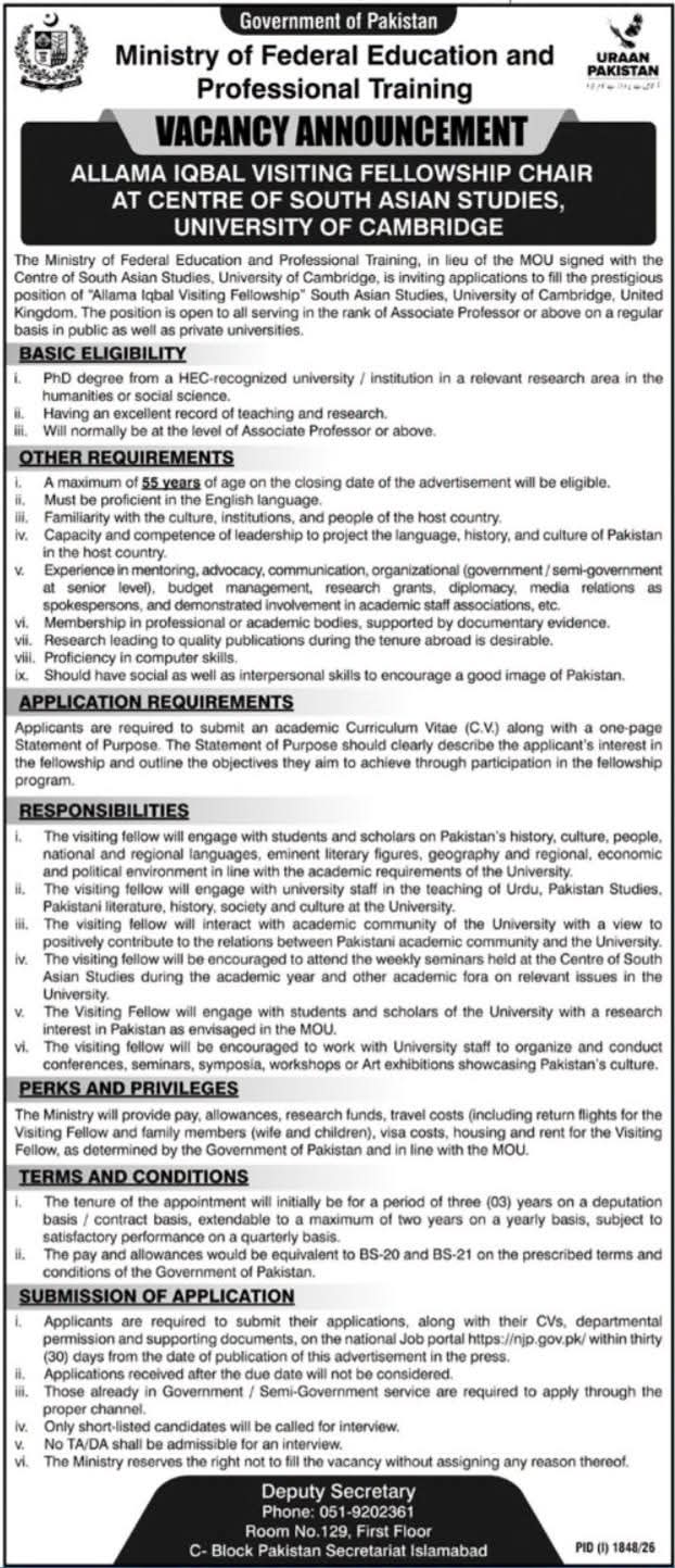 Ministry of Federal Education and Professional Training Allama Iqbal Visiting Fellowship Chair Jobs 2026