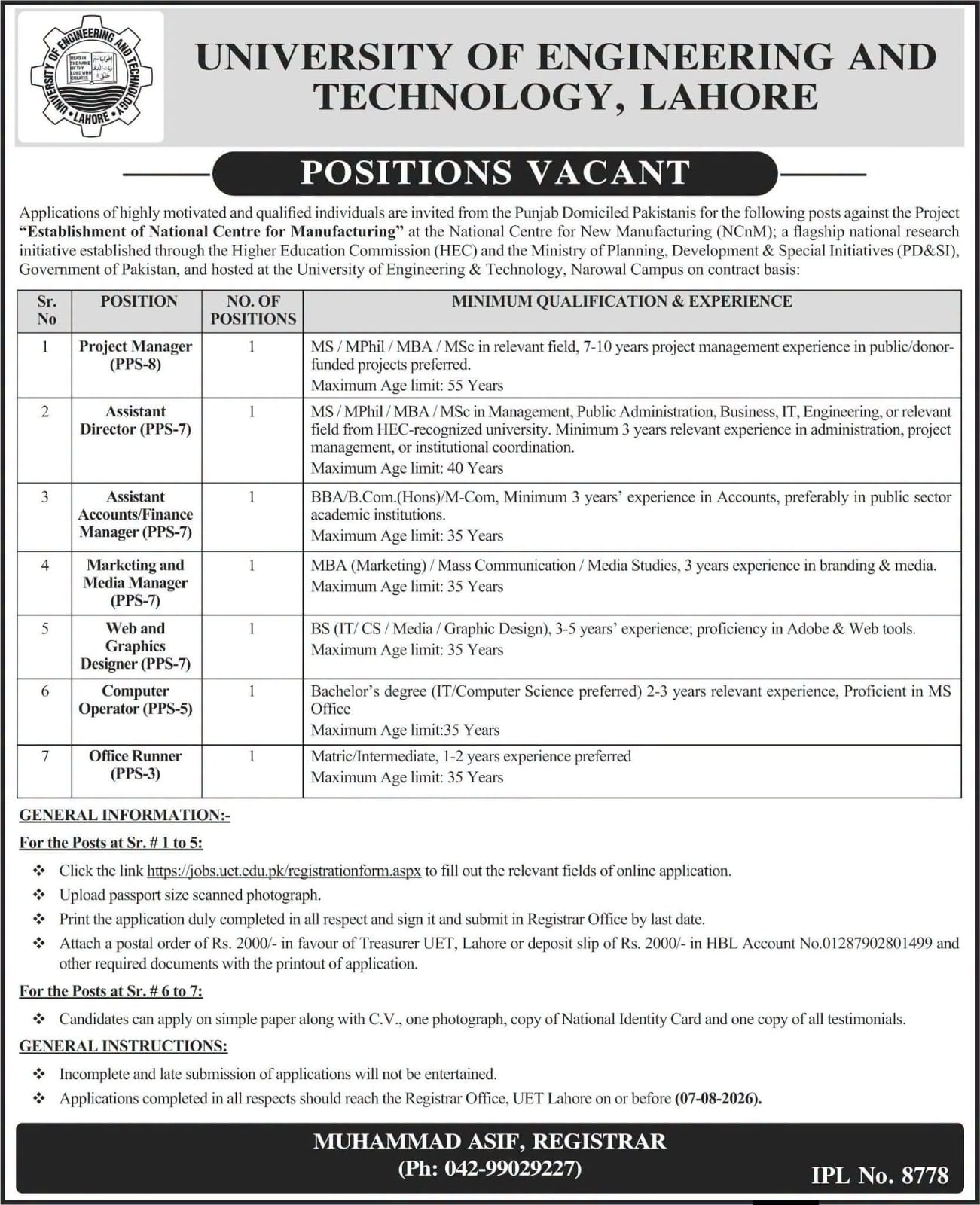 University of Engineering and Technology Lahore Jobs 2026