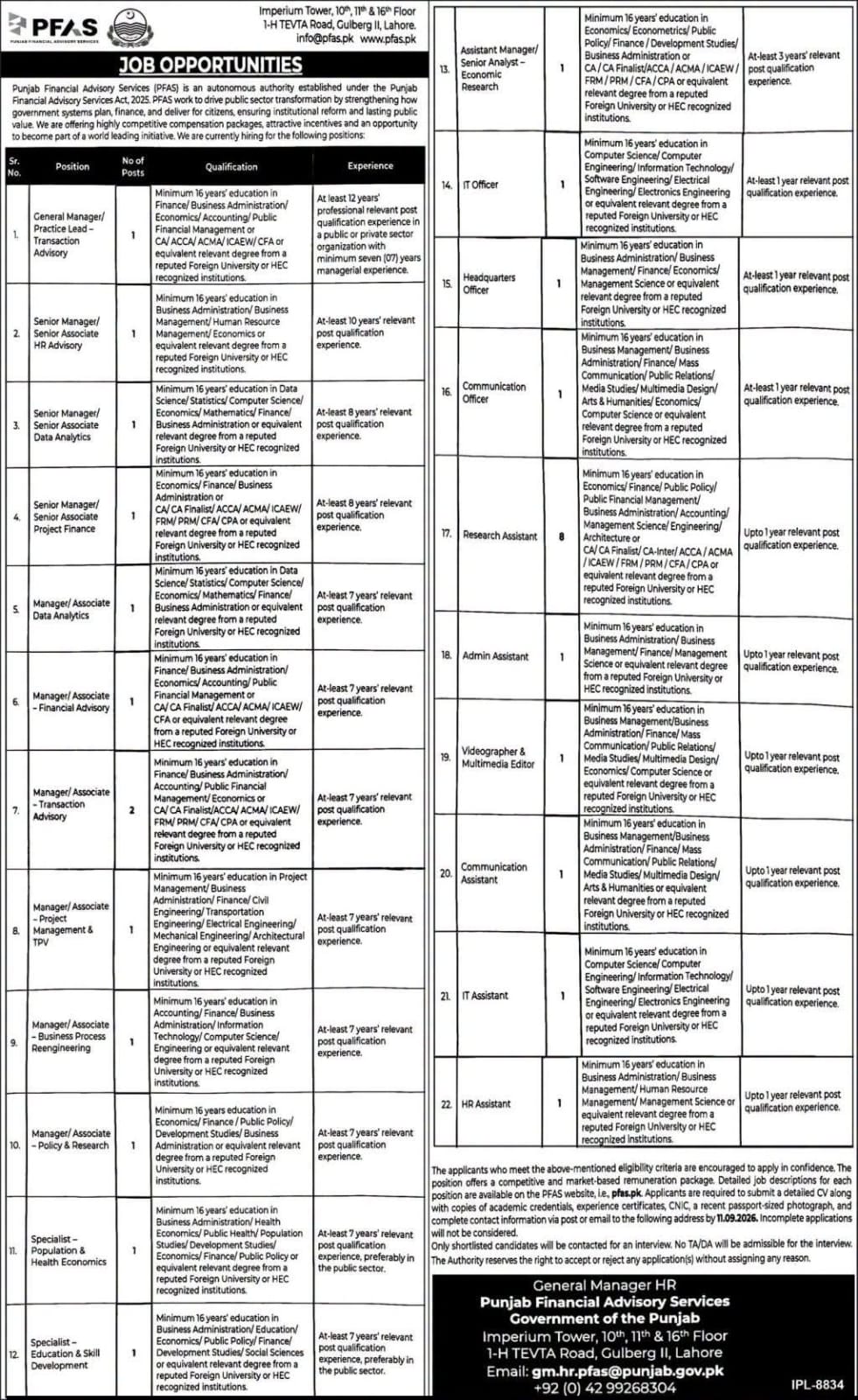 Punjab Financial Advisory Services (PFAS) Job Opportunities 2026