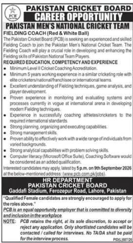 Pakistan Cricket Board (PCB) Fielding Coach Jobs 2026