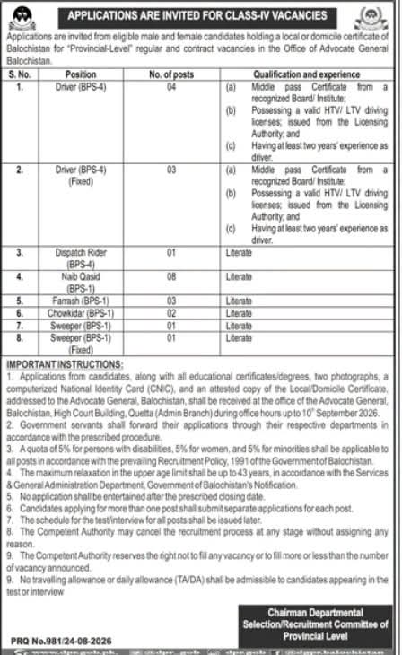 Office of the Advocate General Balochistan Class-IV Vacancies 2026 