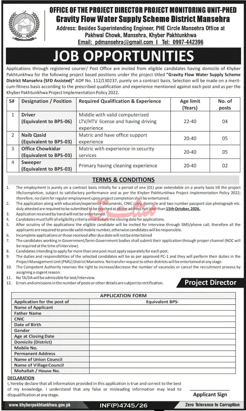 Gravity Flow Water Supply Scheme Mansehra Jobs 2026