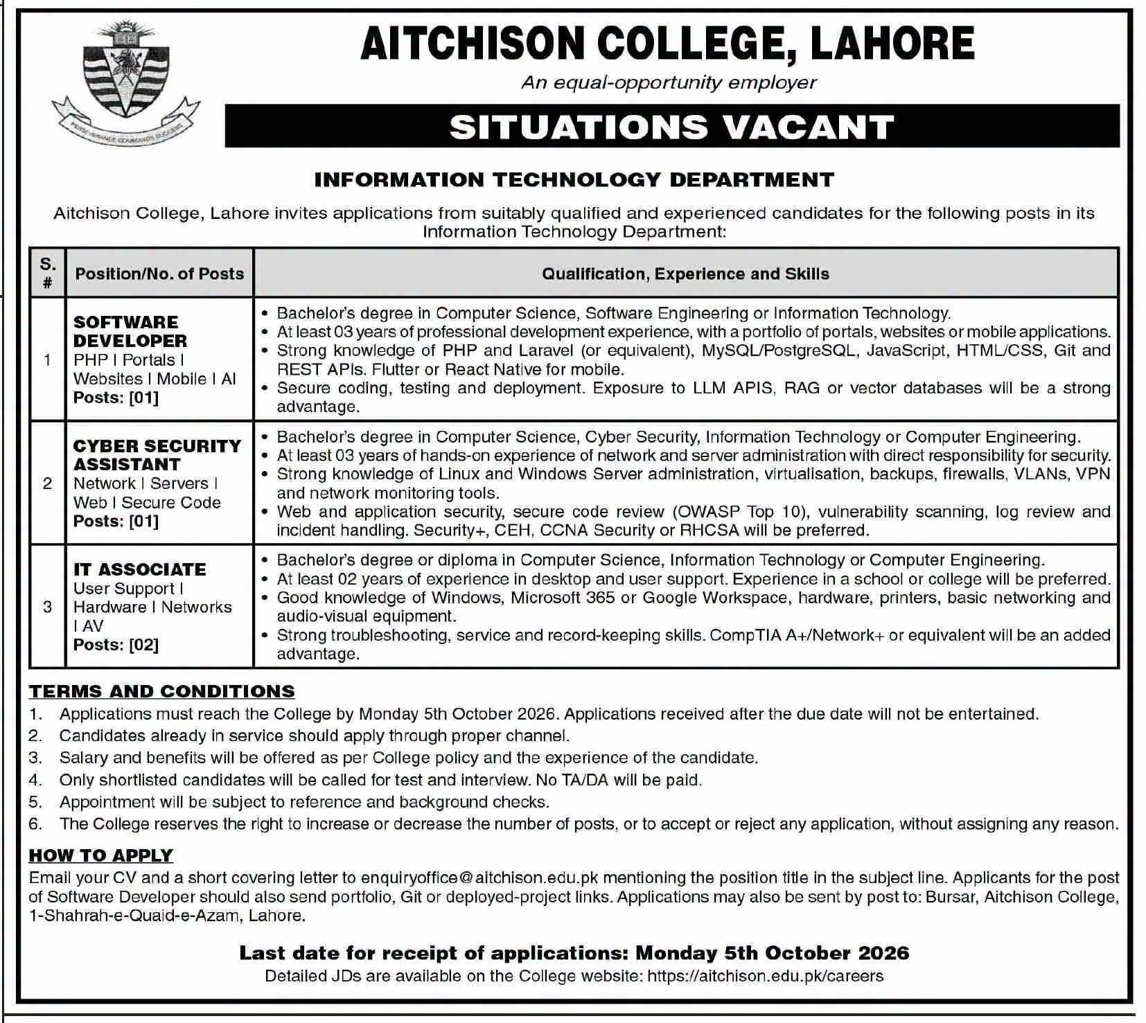 Aitchison College Lahore Jobs 2026