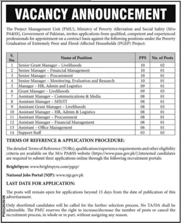Ministry of Poverty Alleviation and Social Safety (M/o PA&SS) Jobs 2026