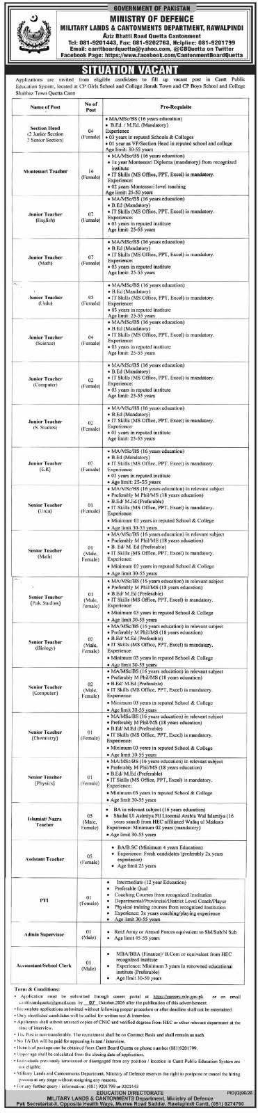 Cantt Public Education System Quetta Jobs 2026