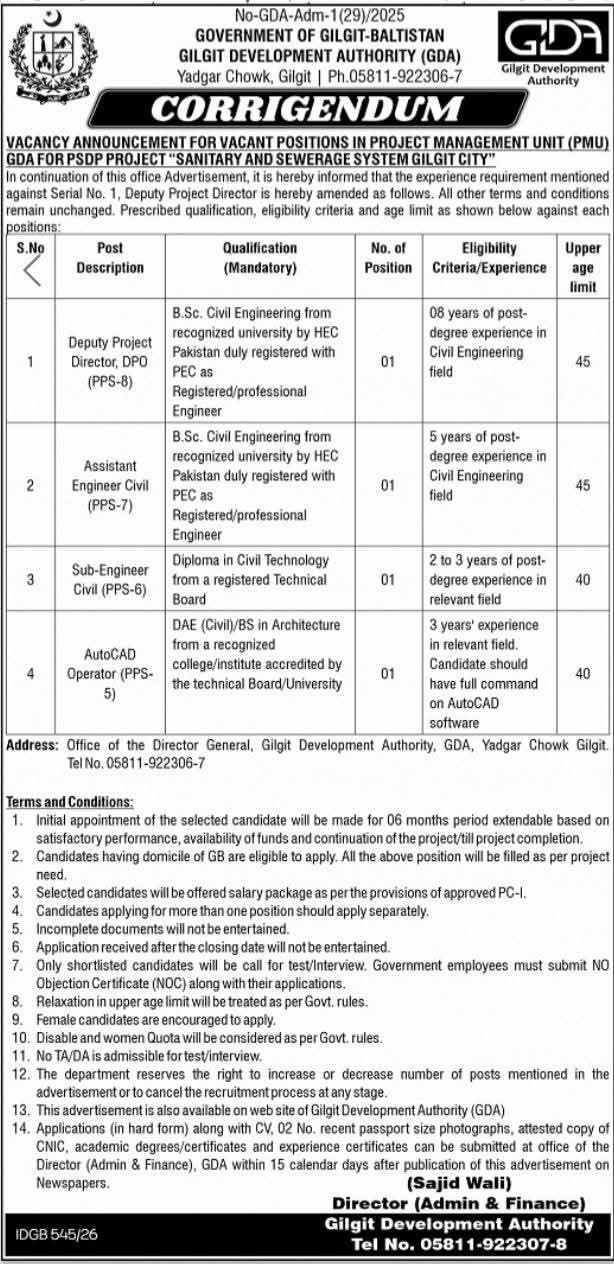 Gilgit Development Authority (GDA) Jobs 2026