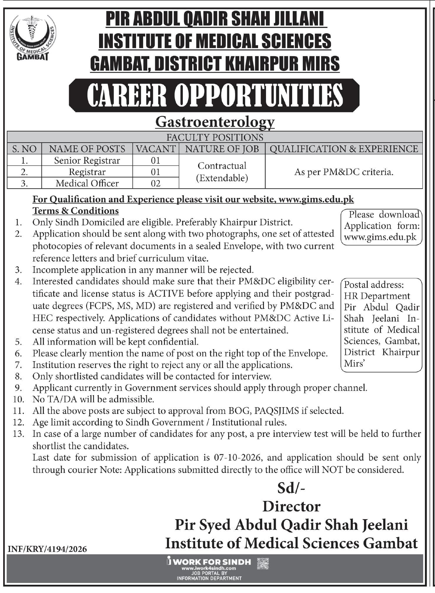 Pir Abdul Qadir Shah Jeelani Institute of Medical Sciences (PAQSJIMS) Gambat Career Opportunities 2026