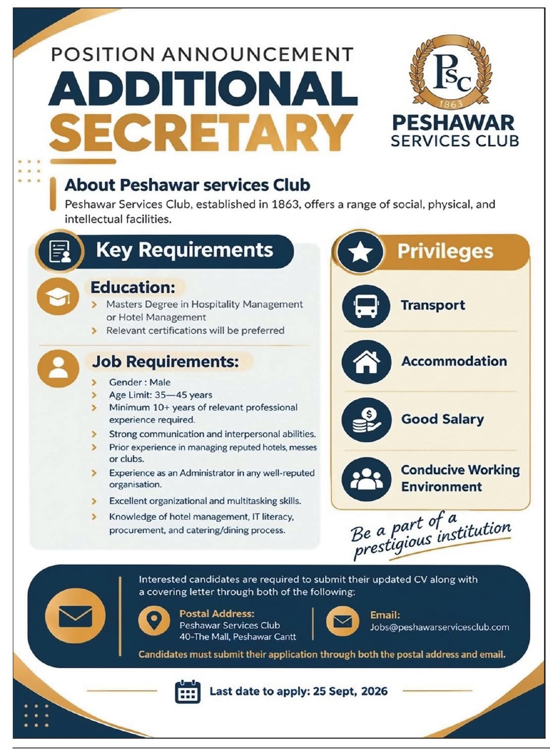 Additional Secretary Job Opening at Peshawar Services Club 2026