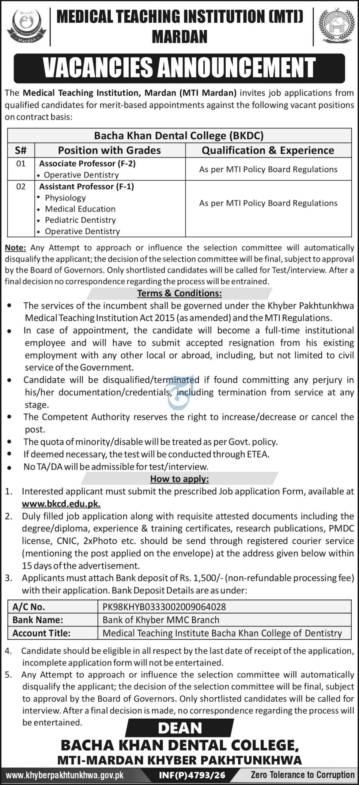 MTI Mardan Bacha Khan Dental College Jobs 2026
