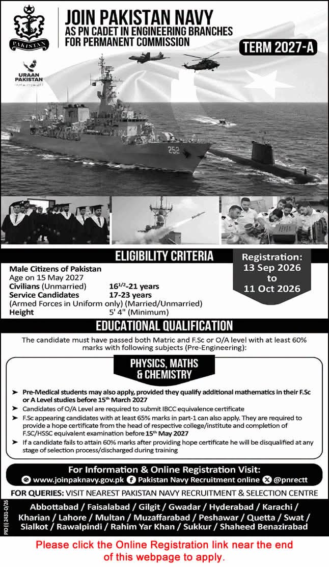 Join Pakistan Navy as PN Cadet in Engineering Branches (Term 2027-A)