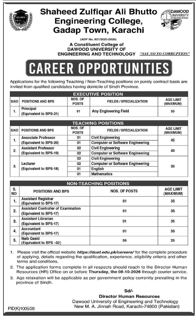 Shaheed Zulfiqar Ali Bhutto Engineering College (SZABEC) Gadap Town, Karachi Jobs 2026