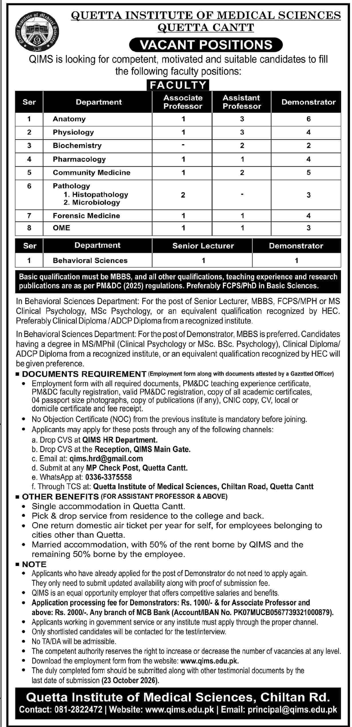 Quetta Institute of Medical Sciences (QIMS) Faculty Jobs 2026