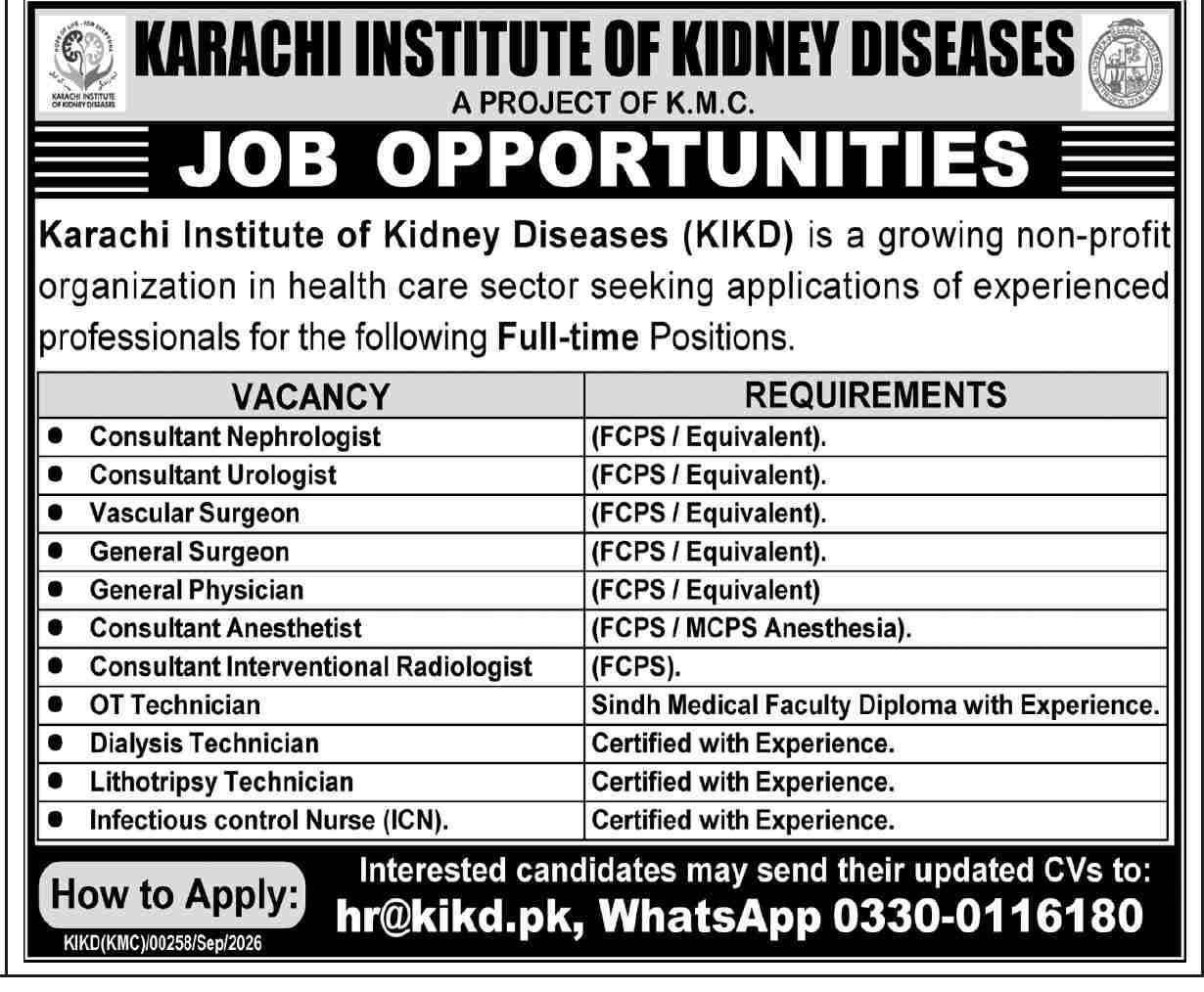 Karachi Institute of Kidney Diseases (KIKD) Jobs 2026