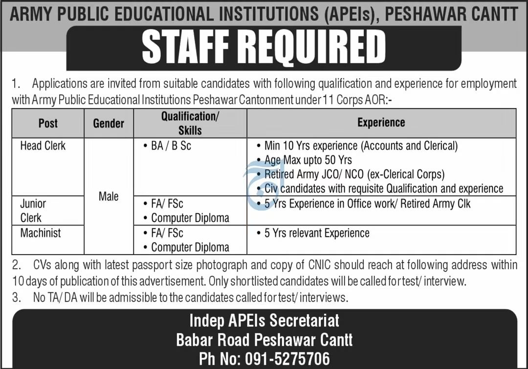 Army Public Educational Institutions (APEIs) Peshawar Cantt Jobs 2026