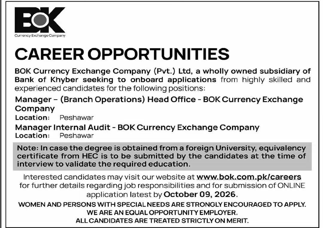 BOK Currency Exchange Company Peshawar Jobs 2026