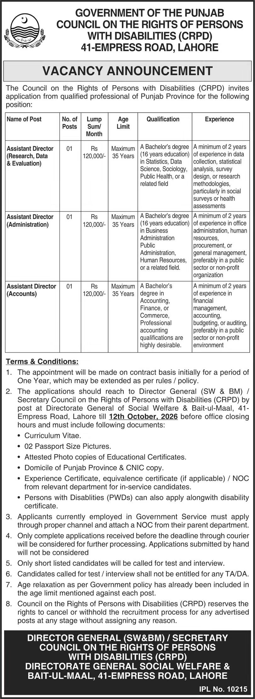 Council on the Rights of Persons with Disabilities (CRPD) Lahore Jobs 2026
