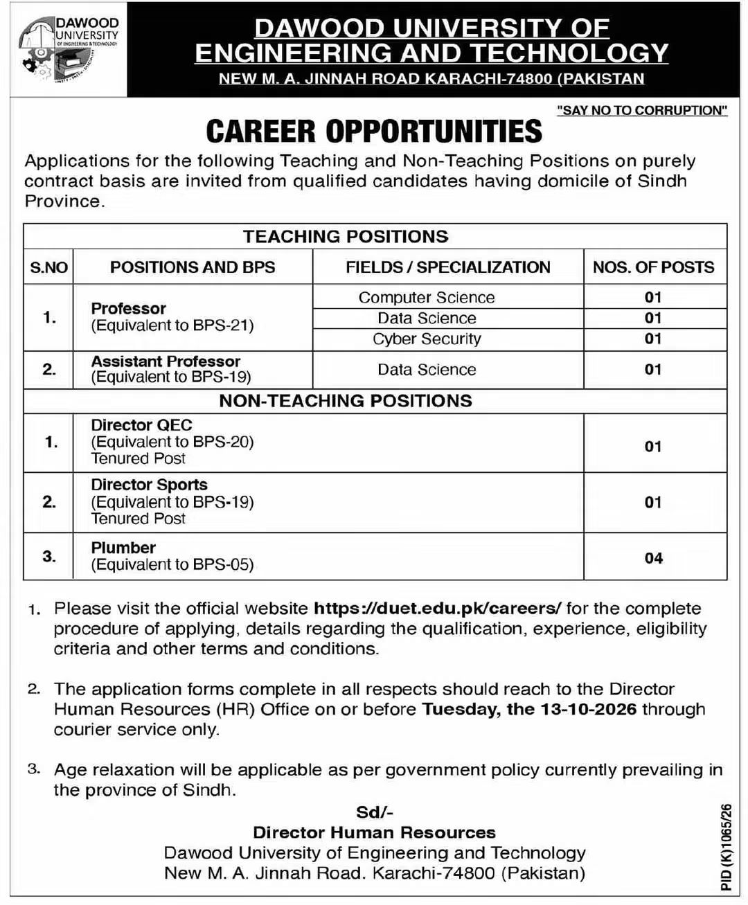 Dawood University of Engineering and Technology (DUET) Karachi Jobs 2026