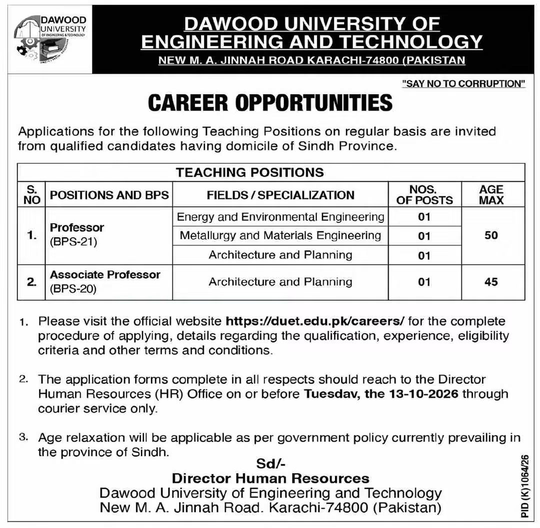 Dawood University of Engineering and Technology (DUET) Karachi Jobs 2026