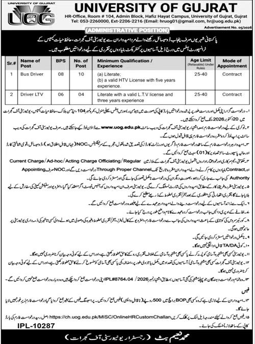 University of Gujrat (UOG) Transport Office Jobs 2026
