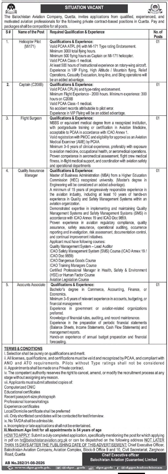 Balochistan Aviation Company Quetta Jobs 2026
