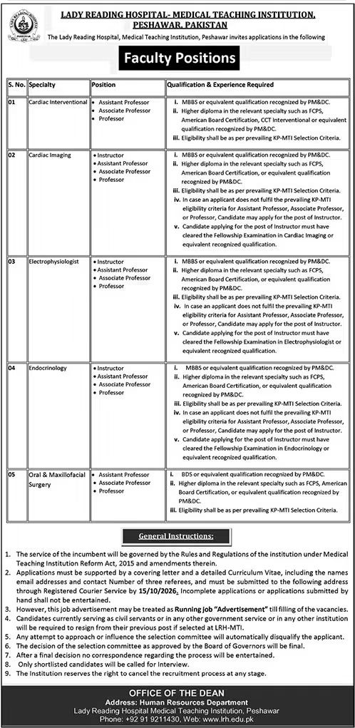 Lady Reading Hospital (LRH-MTI) Peshawar Faculty Jobs 2026