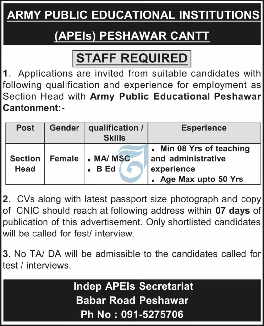 Army Public Educational Institutions (APEIs) Peshawar Cantt Jobs 2026