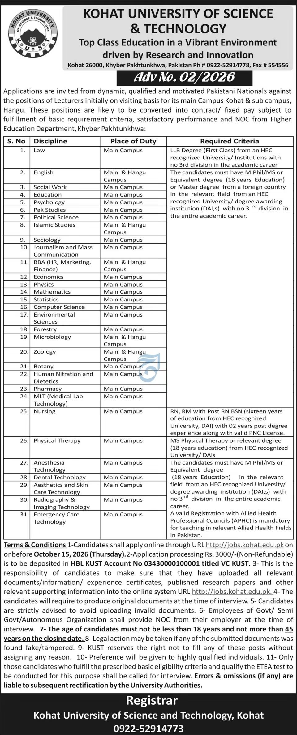 Kohat University of Science & Technology (KUST) Jobs 2026