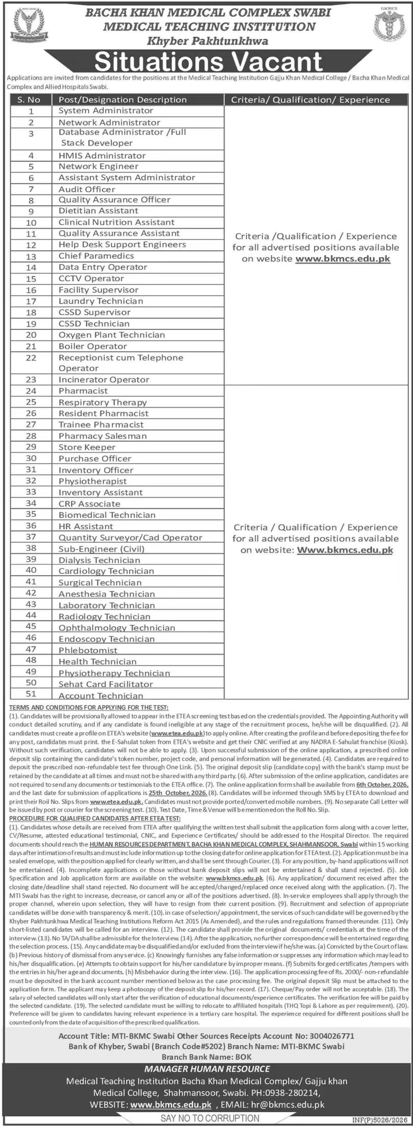 Bacha Khan Medical Complex (BKMC) Swabi Jobs 2024