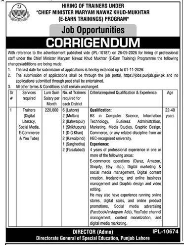 Chief Minister Maryam Nawaz Khud-Mukhtar (E-Earn Trainings) Program Jobs 2026