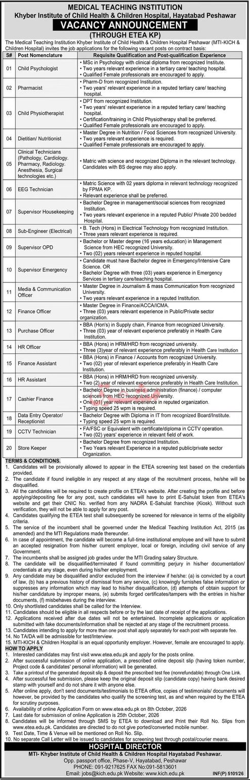 MTI-KICH & Children Hospital Hayatabad Peshawar Jobs 2026 - Opportunity.pk